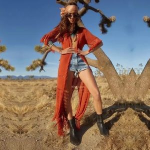 Rust Crochet Boho Long Duster Knit Sweater Wrap